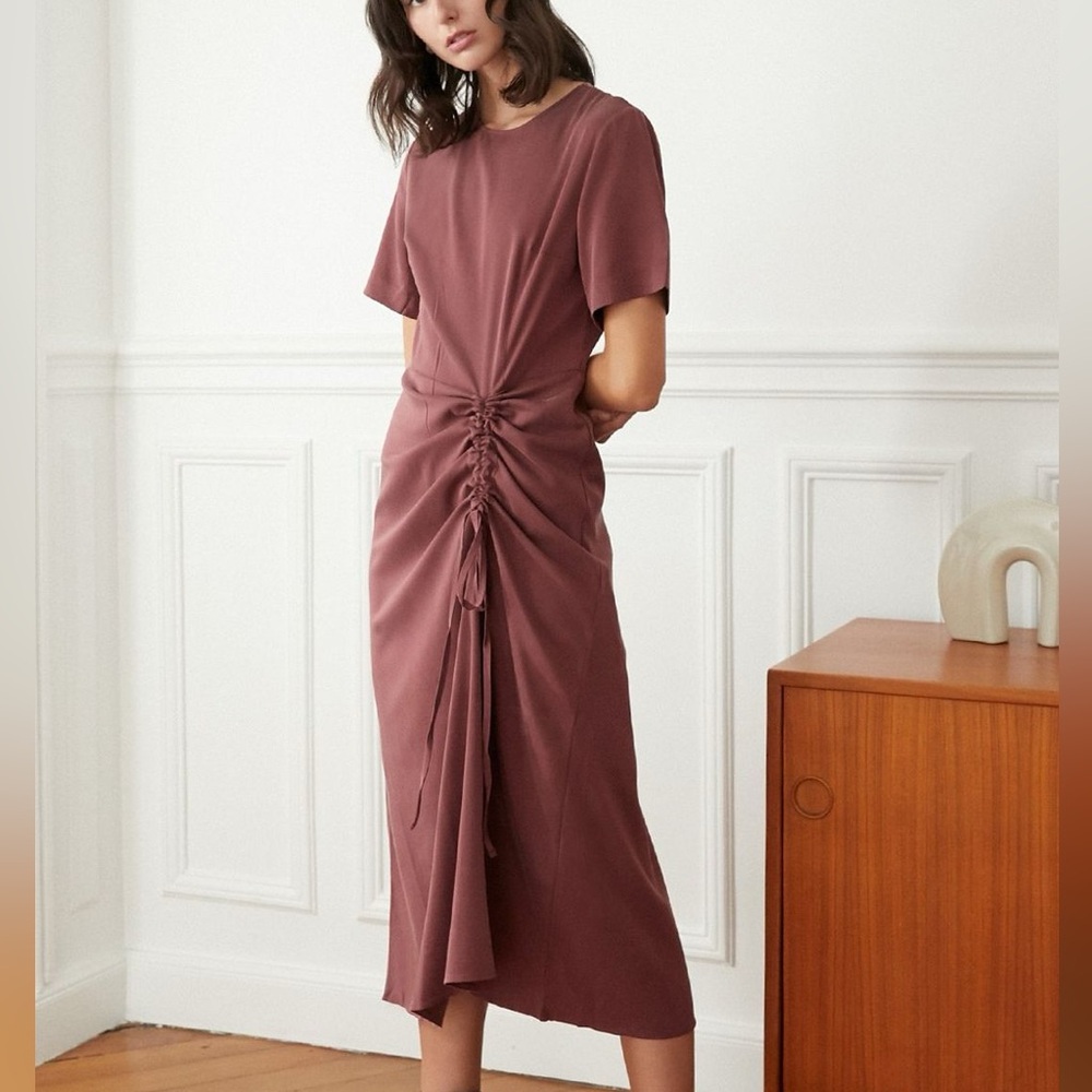 Pixie market plum ruched tencel dress mauve with ties Small